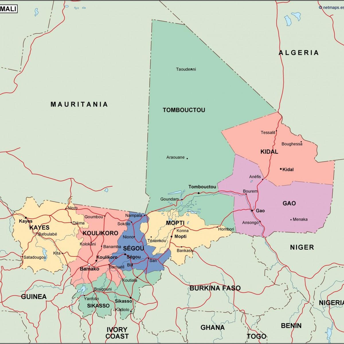 Kort af pólitískum Mali